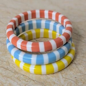 Vintage Striped Blue Yellow Coral White Bracelet Bangles Set of 3